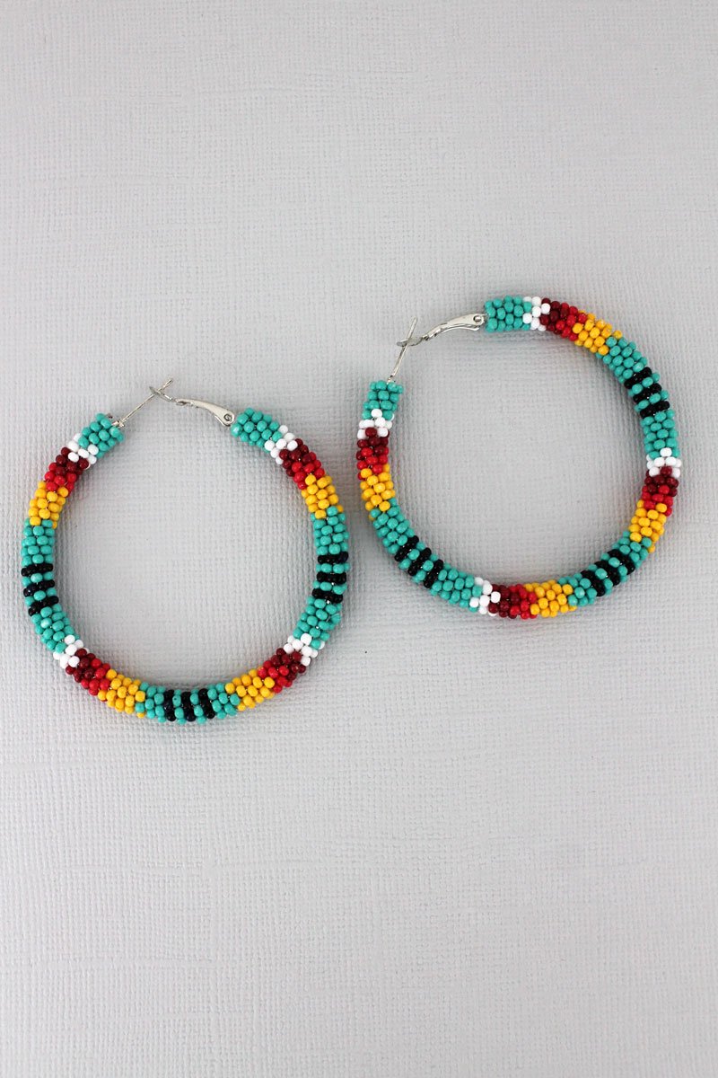 Multi-Color Striped Seed Bead Hoop Earrings