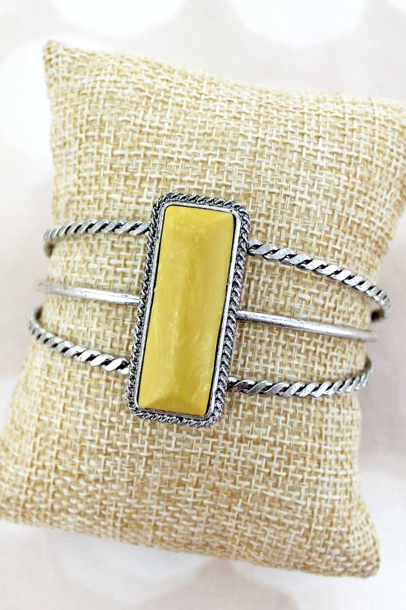Yellow Marbled Bar Silvertone Cuff Bracelet