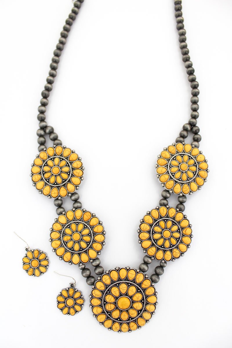 Yellow Beaded Disks Necklace and Earring Set